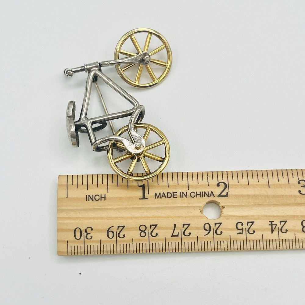 Vintage Silver Gold Bicycle Bike Brooch Pin Articulated Wheels Handle Movable 2" - Picture 5 of 5